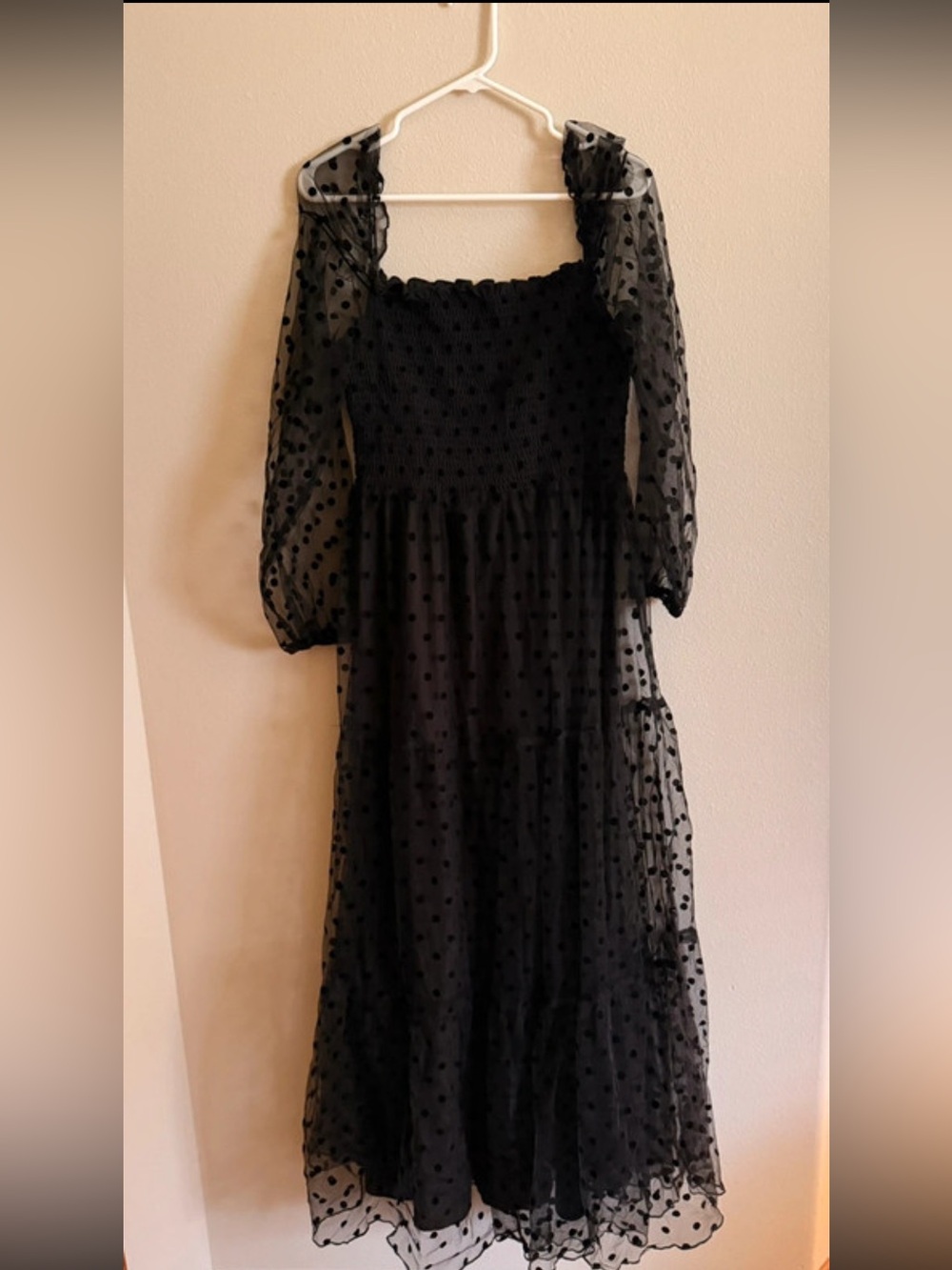 bohme Black Swiss Dot Midi Dress with Puff Sleeves